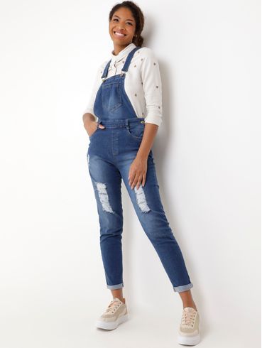 Macacão Jardineira Jeans Feminino Azul