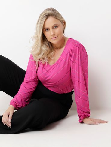 Blusa Manga Longa com Amarração Plus Size Feminina Rosa