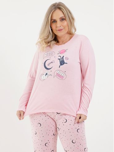 Pijama Longo Plus Size Feminino Rosa