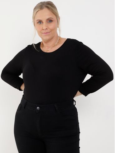 Blusa Manga Longa com Amarração Plus Size Feminina Preto