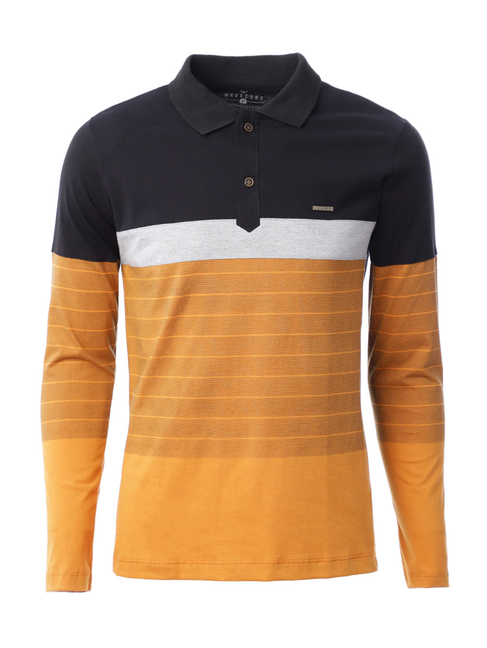 polo manga longa tricolor preto azul amarelo cinza masculina