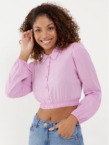 Camisa Cropped Manga Longa Feminina Lilás