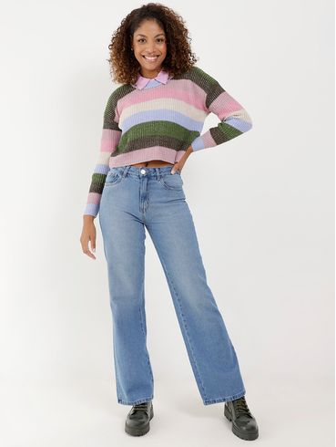 Blusão de Tricot Cropped Listrado Feminino Lilás