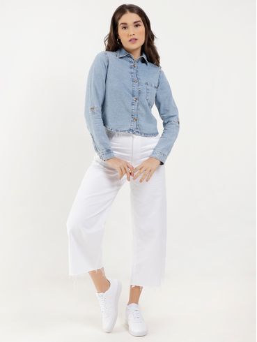 Camisa Jeans Cropped Feminina Azul