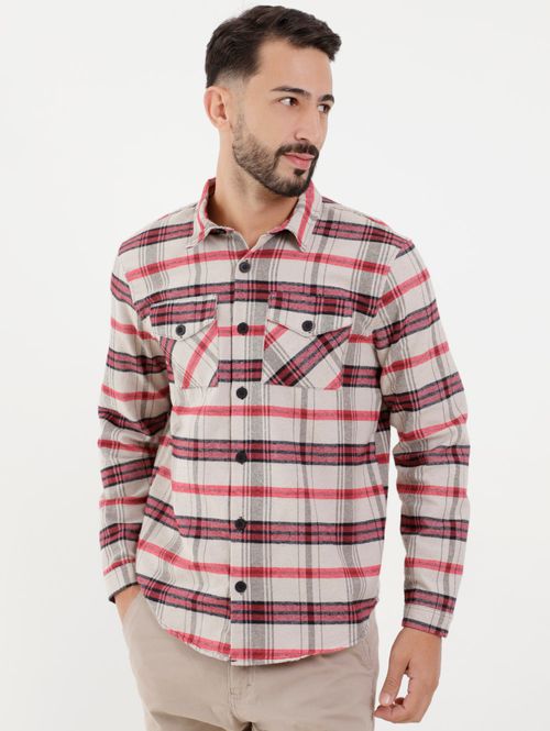 Camisa Manga Longa Flanela Vels Masculina Bege/Vermelho