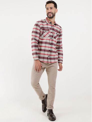 Camisa Manga Longa Flanela Vels Masculina Bege/Vermelho