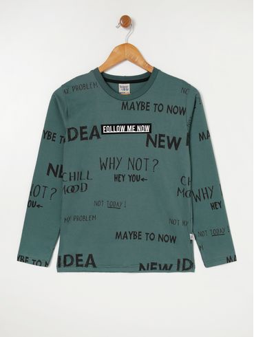 Camiseta Manga Longa Estampada Juvenil Para Menino Verde