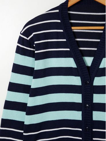 Cardigan Listrado Plus Size Feminino Azul Marinho