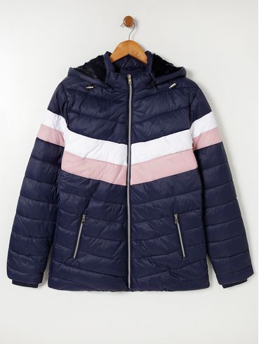 Jaqueta Puffer com Capuz Plus Size Feminina Azul Marinho