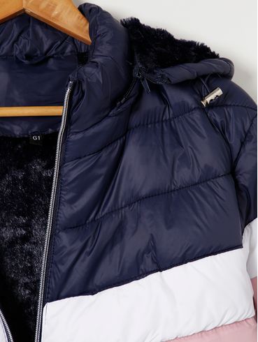 Jaqueta Puffer com Capuz Plus Size Feminina Azul Marinho