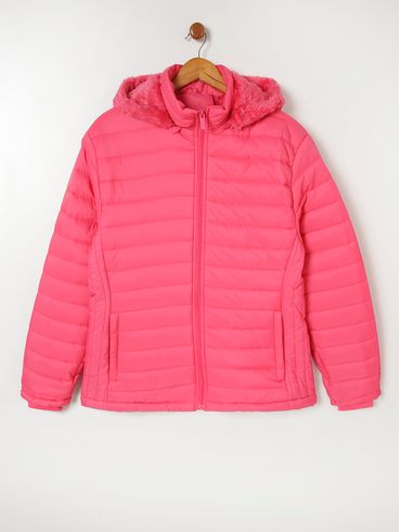 Jaqueta Puffer com Capuz Plus Size Feminina Rosa