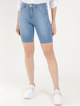 Bermuda Jeans Delavê com Puídos Feminina Azul