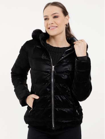 Jaqueta Puffer com Capuz Feminina Preto