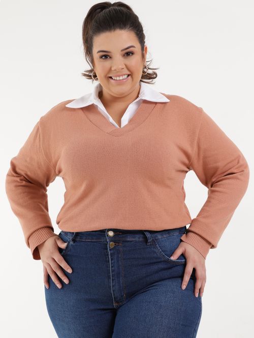 Blusa de Tricot Plus Size Feminina Bege