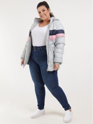 Jaqueta Puffer com Capuz Plus Size Feminina Cinza