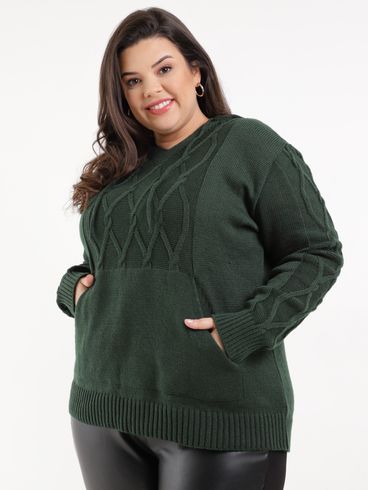Blusa de Tricot com Capuz Plus Size Feminina Verde