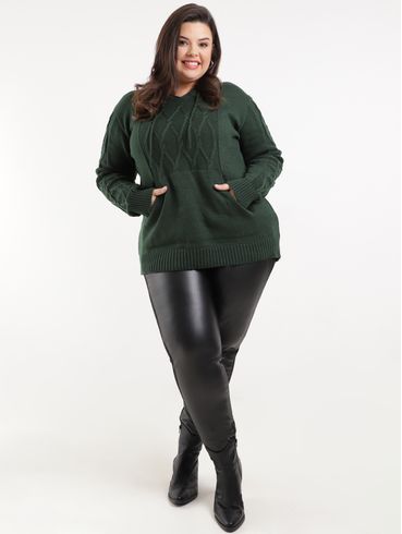 Blusa de Tricot com Capuz Plus Size Feminina Verde