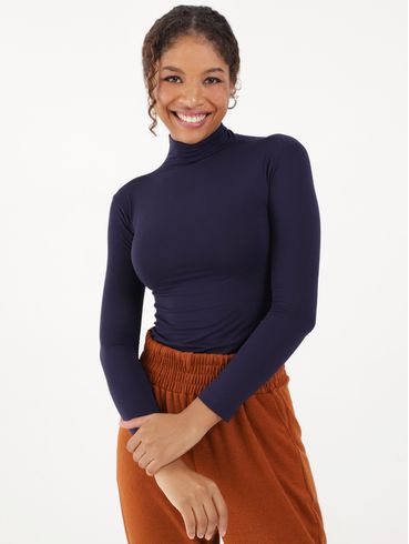 Blusa Manga Longa Gola Alta Feminina Azul Marinho