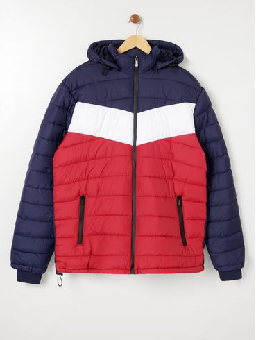 Jaqueta Puffer com Capuz Plus Size Masculina Azul Marinho/Branco/Vermelho