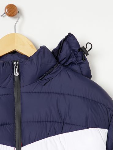Jaqueta Puffer com Capuz Plus Size Masculina Azul Marinho/Branco/Vermelho