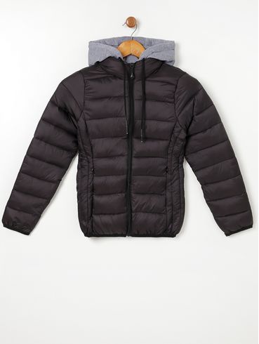 Jaqueta Puffer com Capuz Juvenil Para Menina - Preto