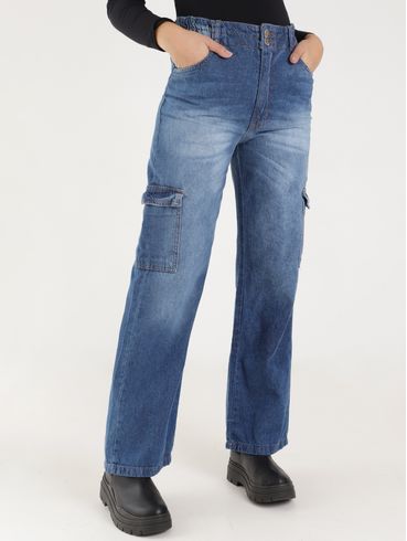Calça Jeans Wide Leg Cargo Feminina Azul