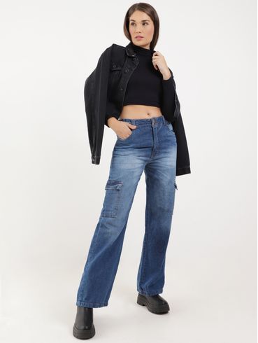 Calça Jeans Wide Leg Cargo Feminina Azul