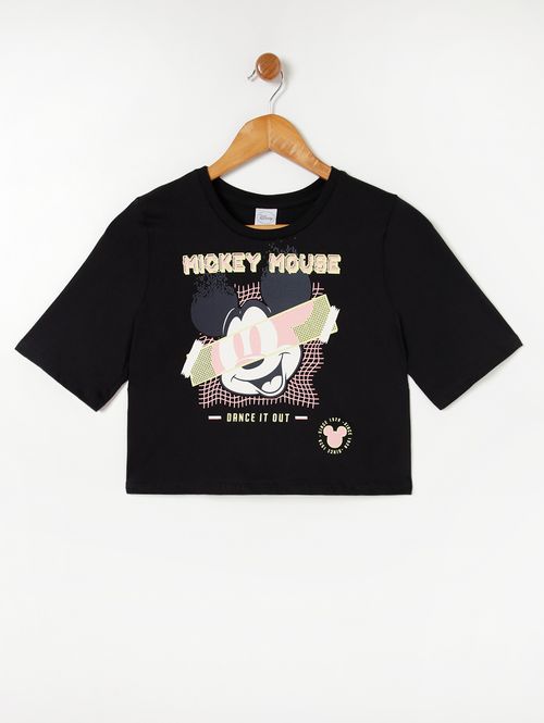 Blusa Cropped Manga Curta Disney Juvenil Para Meni Preto