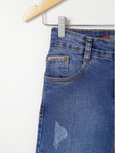 Calça Jeans Slim com Puídos Juvenil Para Menino - Azul