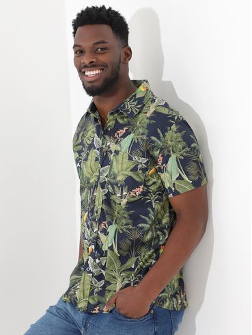 Camisa Manga Curta Estampada Vels Masculina Azul Marinho