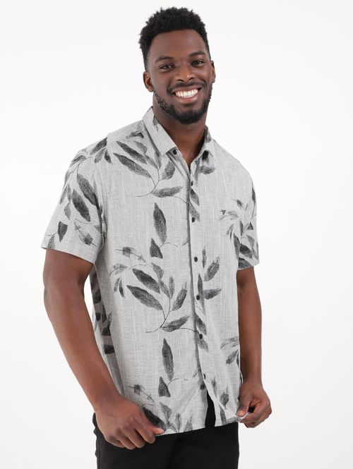 Camisa Slim Fit Manga Curta Floral Masculina Preto