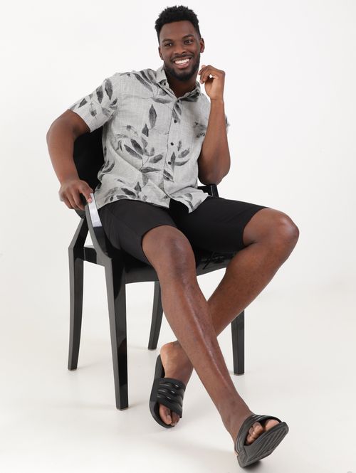 Camisa Slim Fit Manga Curta Floral Masculina Preto