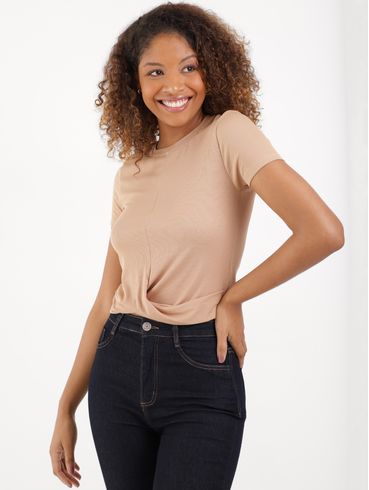 Blusa Básica Manga Curta Feminina Bege