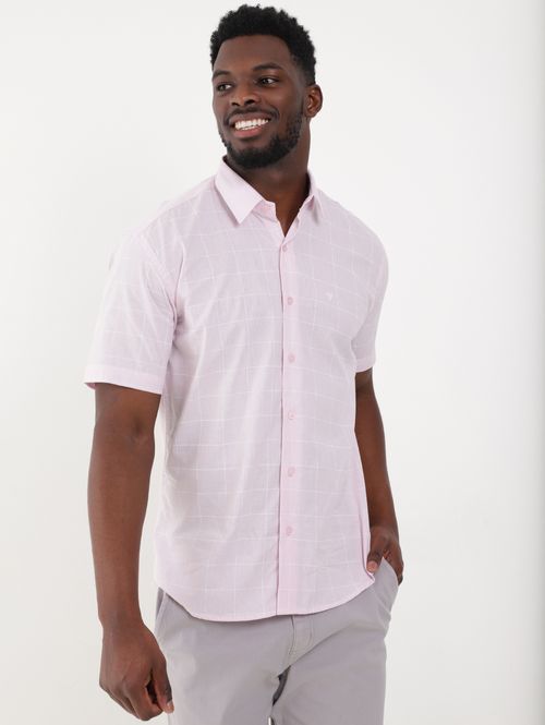 Camisa Manga Curta Slim Fit Masculina Rosa