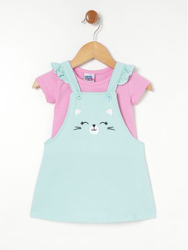 Conjunto com Salopete Infantil Para Bebê- Verde/Rosa