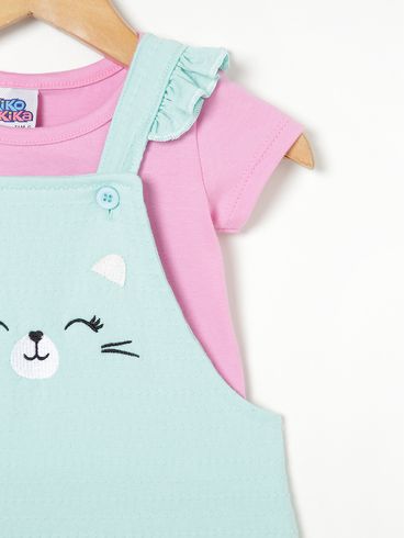 Conjunto com Salopete Infantil Para Bebê- Verde/Rosa