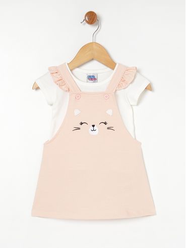 Conjunto com Salopete Infantil Para Bebê- Salmao/Off White
