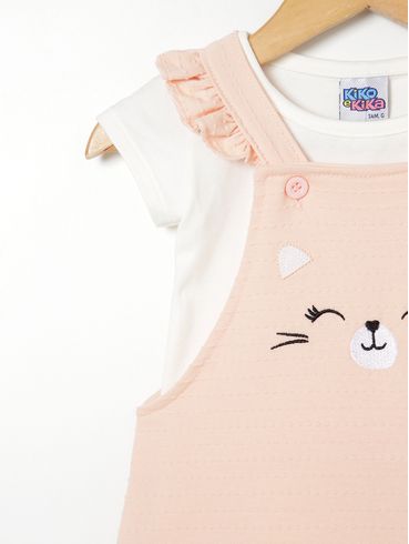Conjunto com Salopete Infantil Para Bebê- Salmao/Off White