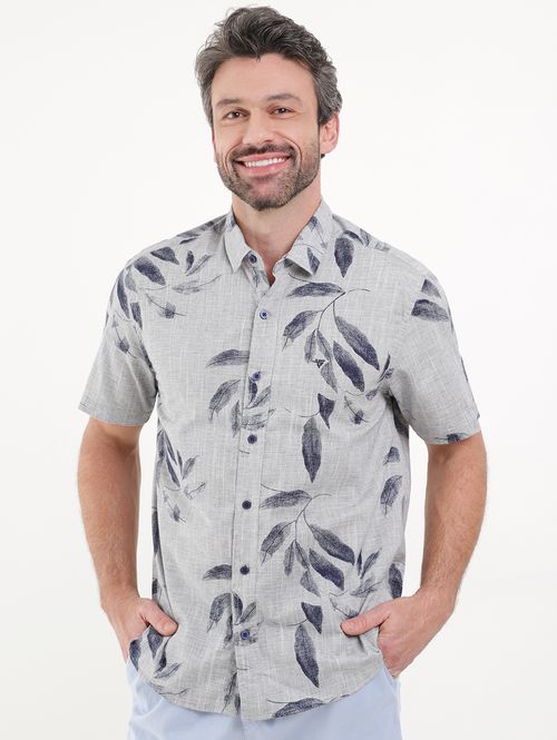 Camisa Slim Fit Manga Curta Floral Masculina Azul