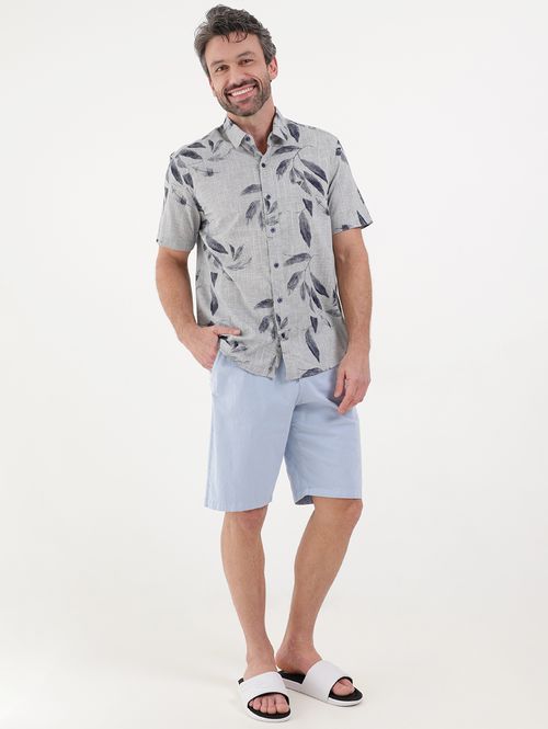 Camisa Slim Fit Manga Curta Floral Masculina Azul