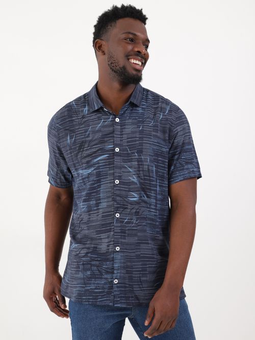 Camisa Manga Curta Estampada Masculina Azul Marinho