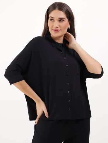 Camisa Ampla Manga 3/4 Feminina Preto