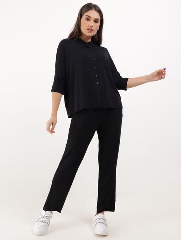 Camisa Ampla Manga 3/4 Feminina Preto