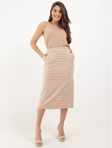 Saia Listrada Feminina Bege/Branco