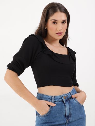 Blusa Cropped Manga 3/4 Feminina Preto