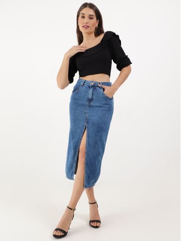 Blusa Cropped Manga 3/4 Feminina Preto