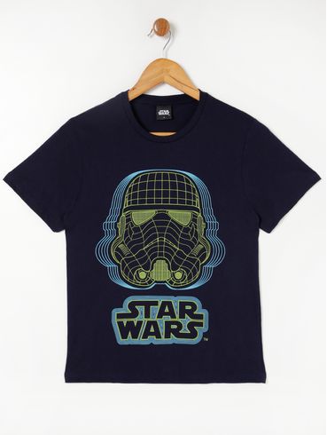 Camiseta Manga Curta Star Wars Juvenil Para Menino - Azul Marinho