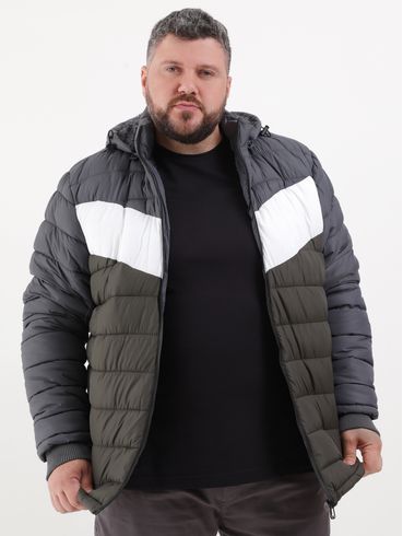 Jaqueta Puffer com Capuz Plus Size Masculina Chumbo/Branco/Verde