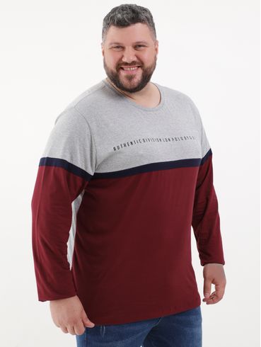 Camiseta Manga Longa Plus Size Masculina Cinza/Bordô