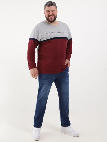 Camiseta Manga Longa Plus Size Masculina Cinza/Bordô